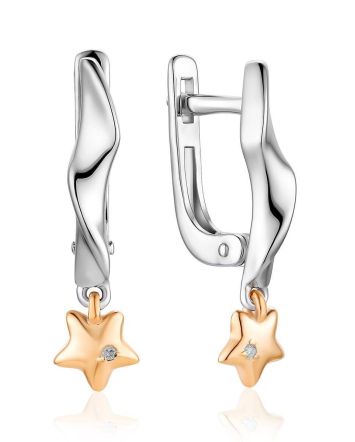 Silver Earrings With Golden Diamond Star Shaped Dangles The Diva, image 