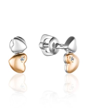 Silver Golden Heart Shaped Stud Earrings With Diamonds The Diva, image 