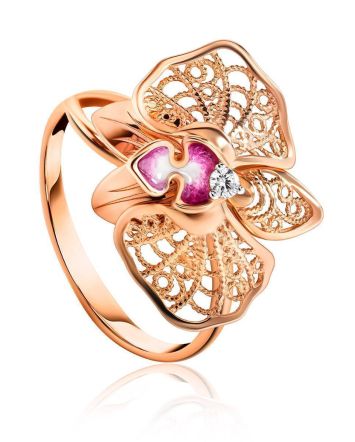Golden Cocktail Ring With Crystals And Pink Enamel, Ring Size: 8.5 / 18.5, image 
