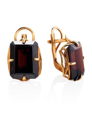 Geometric Golden Earrings With Synthetic Garnet, image 