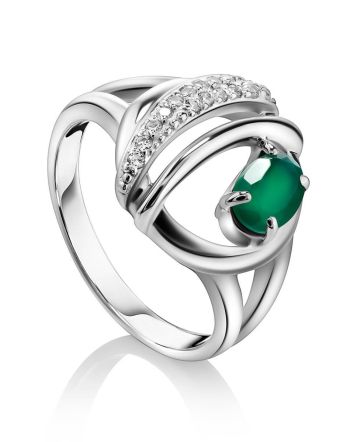 Silver Ring With Green Agate And White Crystals, Ring Size: 6.5 / 17, image 