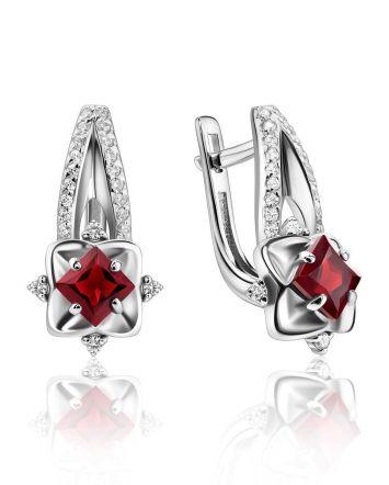 Silver Garnet Earrings With White Crystals, image 