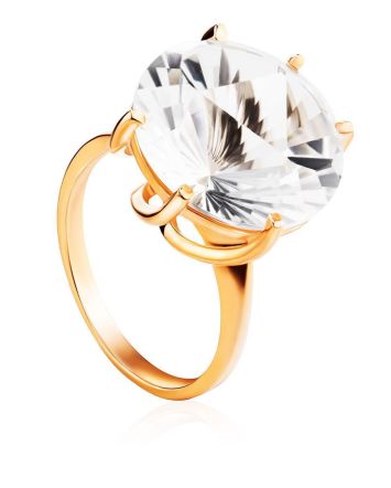 Golden Cocktail Ring With Bold White Crystal, Ring Size: 8.5 / 18.5, image 