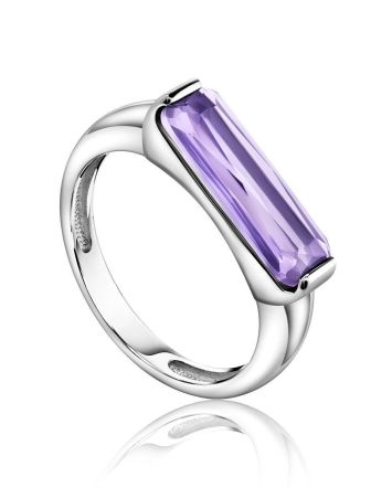 Geometric Silver Ring With Violet Crystal, Ring Size: 6.5 / 17, image 