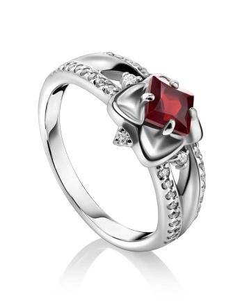 Elegant Silver Garnet Ring With Crystals, Ring Size: 5.5 / 16, image 