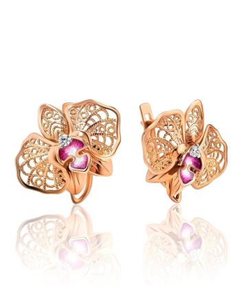 Golden Floral Earrings With Crystals And Pink Enamel, image 