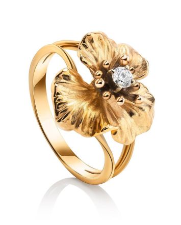 Golden Floral Ring With White Diamond, Ring Size: 7 / 17.5, image 