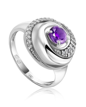Silver Ring With Bold Amethyst And White Crystals, Ring Size: 8 / 18, image 
