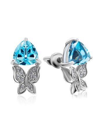 Charming Silver Earrings With Blue Stone And Crystals, image 