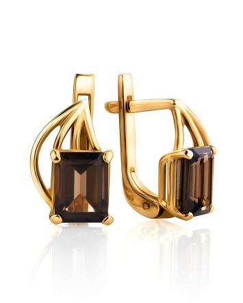 Elegant Golden Earrings With Smoky Quartz, image 