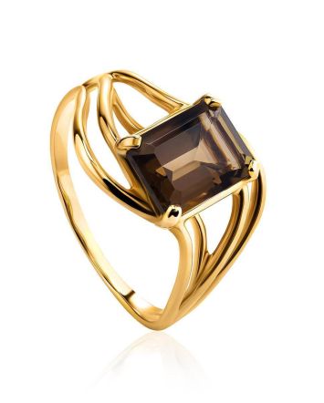 Chic Golden Ring With Smoky Quartz, Ring Size: 7 / 17.5, image 