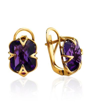 Golden Earrings With Bright Amethyst Centerpieces, image 