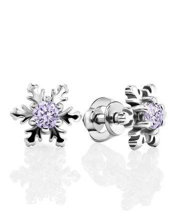 Silver Snowflake Stud Earrings With Lilac Crystals The Aurora							, image 