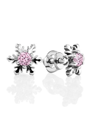Silver Snowflake Stud Earrings With Light Pink Crystals The Aurora								, image 