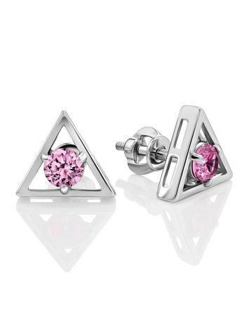 Triangle Silver Studs With Pink Crystals The Aurora							, image 