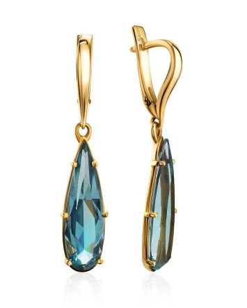 Bold Golden Drop Earrings With Aquamarine, image 