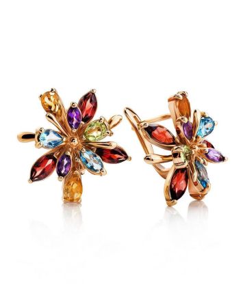 Golden Floral Earrings With Multicolor Gemstones, image 