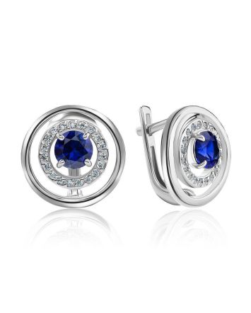 Round Silver Earrings With Blue And White Crystals, image 