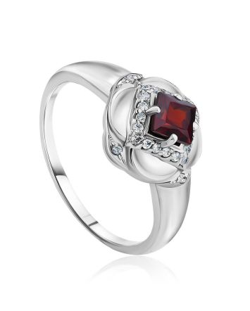 Silver Ring With Red Garnet And White Crystals, Ring Size: 6 / 16.5, image 