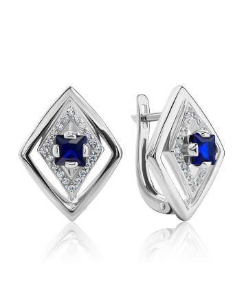Geometric Silver Earrings With Blue And White Crystals, image 