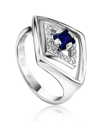 Silver Ring With Synthetic Sapphire And White Crystals, Ring Size: 6.5 / 17, image 