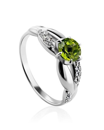 Silver Ring With Bright Chrysolite And White Crystals, Ring Size: 6 / 16.5, image 