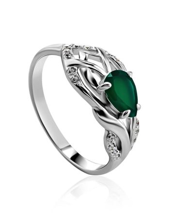 Silver Ring With Green Agate And White Crystals, Ring Size: 6.5 / 17, image 
