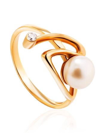 Twisted Golden Ring With Pearl And White Crystal, Ring Size: 7 / 17.5, image 