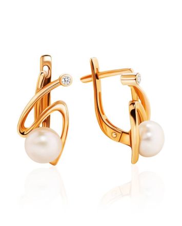 Elegant Golden Earrings With Pearl And Crystals, image 