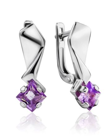Futuristic Silver Earrings With Amethyst, image 