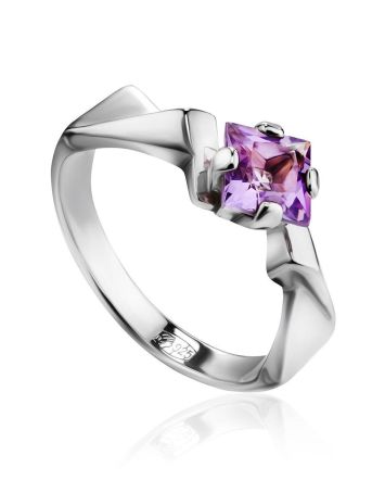Geometric Silver Ring With Amethyst, Ring Size: 7 / 17.5, image 