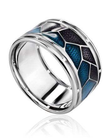 Silver Band Ring With Black And Blue Enamel, Ring Size: 8 / 18, image 