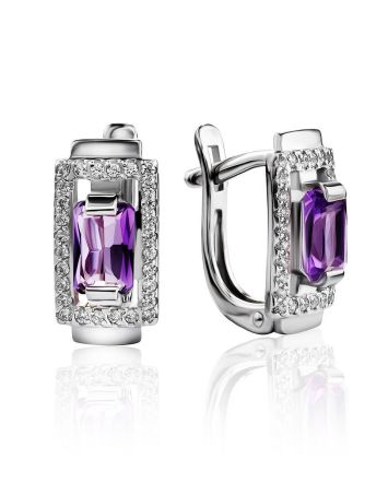 Classy Silver Earrings With Amethyst And Crystals, image 