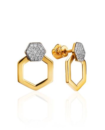 Geometric Gold Plated Stud Earrings With Crystals, image 
