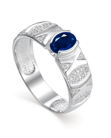 Silver Ring With Blue Stone And Crystals, Ring Size: 6 / 16.5, image 