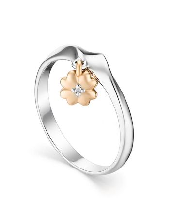 Silver Ring With Golden Diamond Flower Dangle The Diva, Ring Size: 6.5 / 17, image 