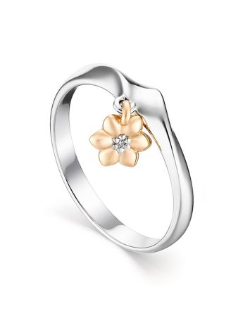 Silver Golden Floral Ring With Diamond The Diva, Ring Size: 6 / 16.5, image 