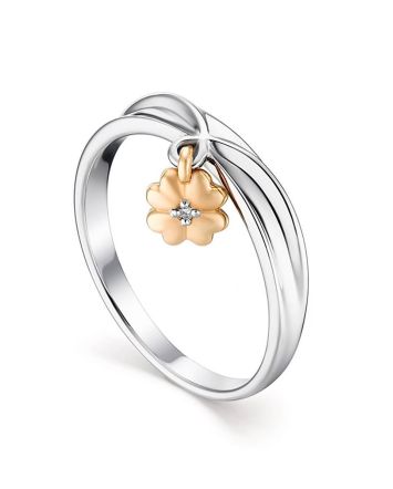 Floral Silver Ring With Diamond Dangle, Ring Size: 8.5 / 18.5, image 