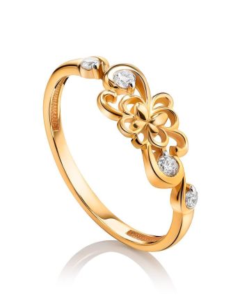 Charming Gold Plated Silver Floral Ring With Crystals, Ring Size: 5.5 / 16, image 