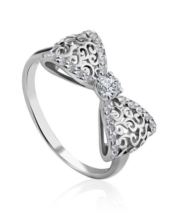 Ornate Silver Filigree Bow Ring With Crystals, Ring Size: 6.5 / 17, image 