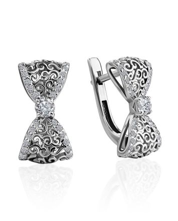 Cute Silver Bow Earrings With Crystals, image 