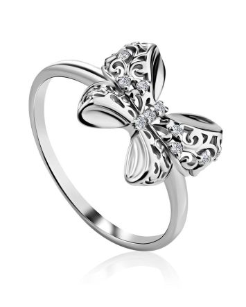 Filigree Silver Bow Ring With Crystals, Ring Size: 6.5 / 17, image 