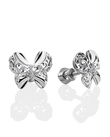 Romantic Silver Bow Studs With Crystals, image 