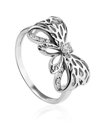 Ornate Silver Bow Ring With Crystals, Ring Size: 7 / 17.5, image 