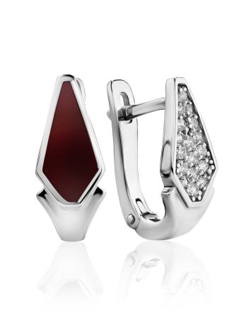Red Enamel and Crystal Silver Earrings, image 