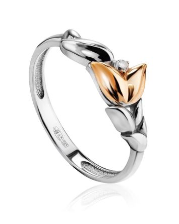 Silver Floral Ring With Golden Flower And Diamond The Diva, Ring Size: 6 / 16.5, image 