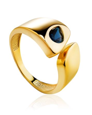 Bold Gold Plated Open Ring With Blue Crystal, Ring Size: 7 / 17.5, image 