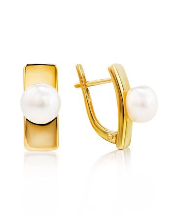 Geometric Gold Plated Earrings With Pearl, image 