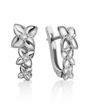Silver Floral Earrings With Crystals, image 
