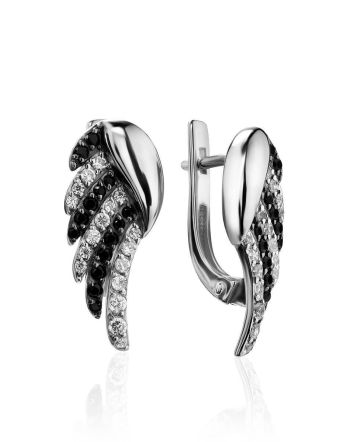 Silver Wing Earrings With Black And White Crystals, image 